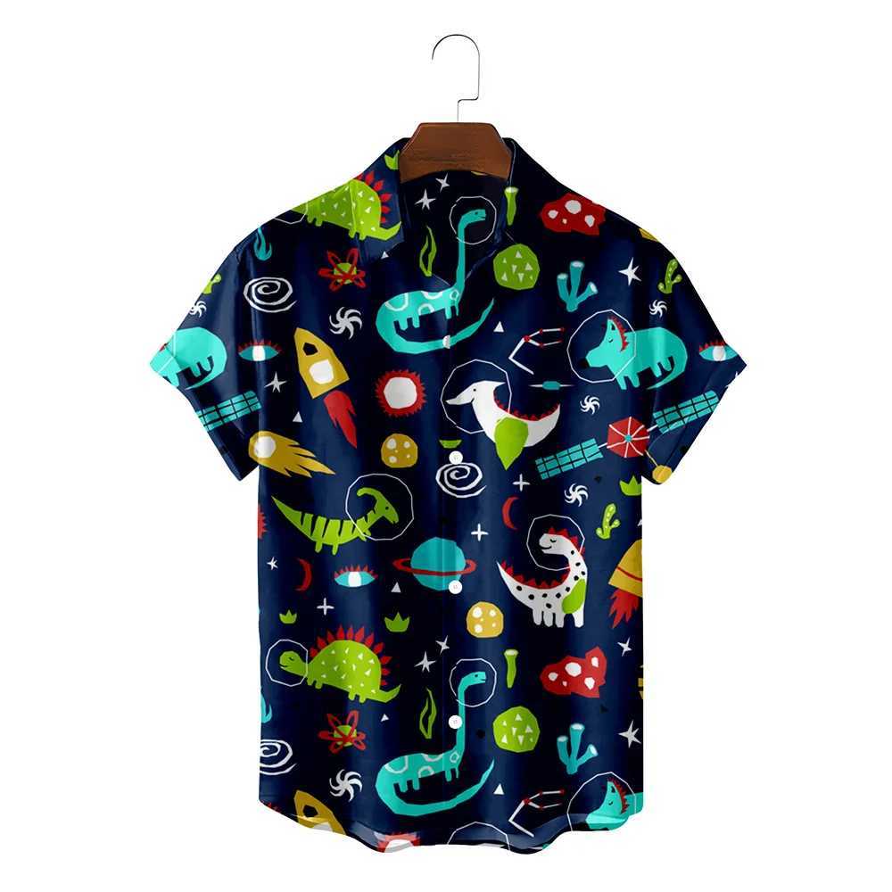 Interesting dinosaur Hawaiian shirt 3D printed casual mens summer beach short sleeved shirt fashionable mens vocal lapel Camissa X250410