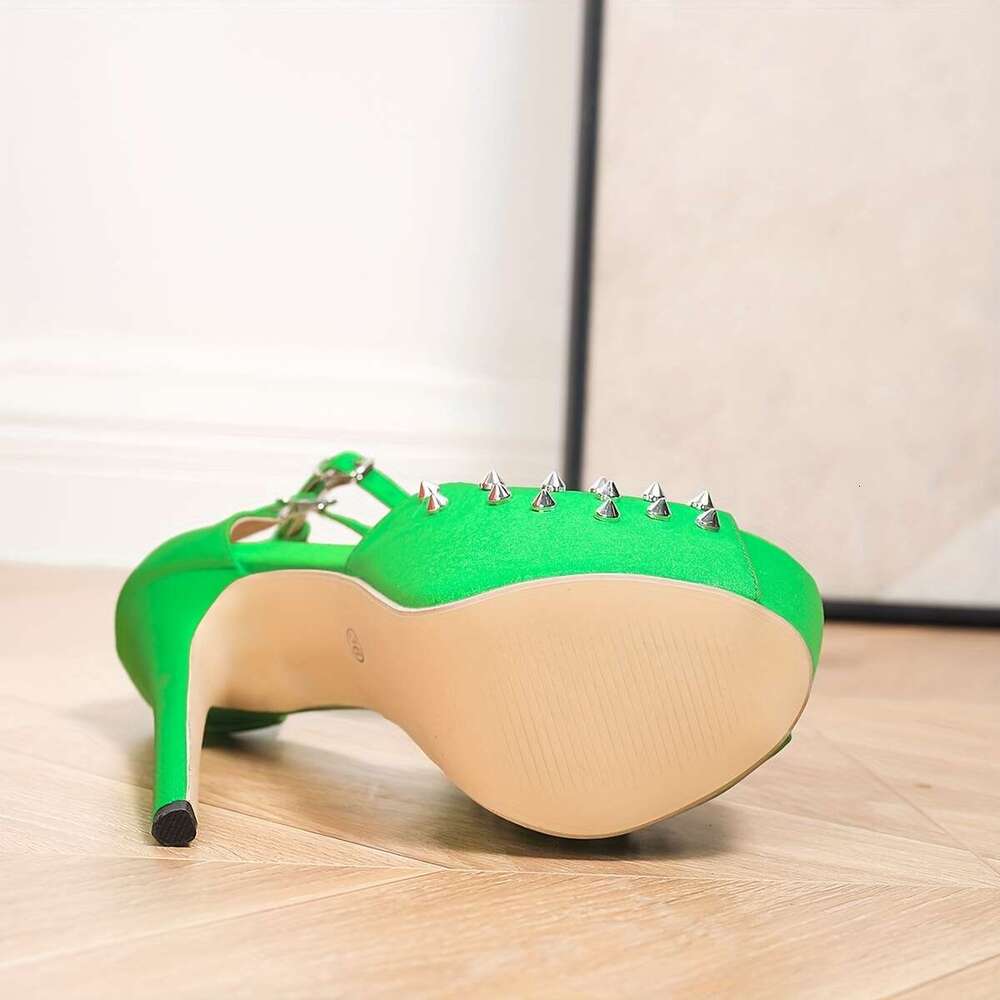 Women's Green Italian Roman Studded - 17Cm Heel, Peep Toe With Ankle Strap, Stylish Cut-Out Design, Perfect For Casual Or Party Wear, High Heel S
