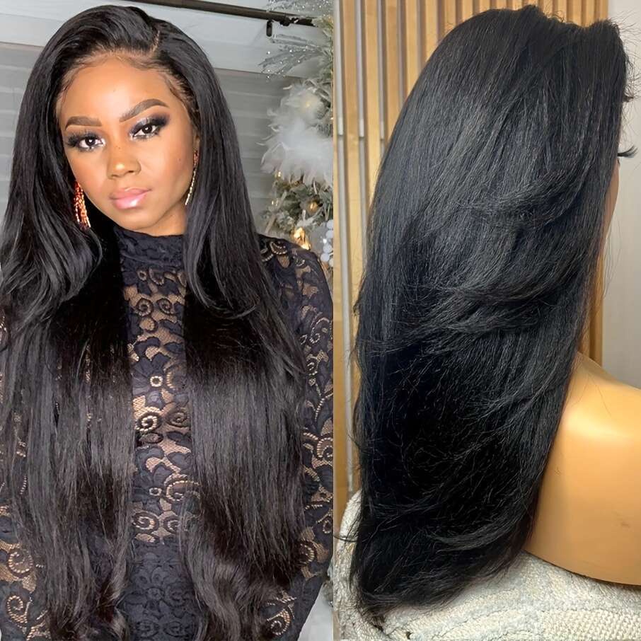 13X4 Frontal Wig Brazilian Virgin Remy Human Hair - 180% Density Kinky To Yaki Straight 'S Hair, Transparent Lace With Natural Hairline, Full Vol