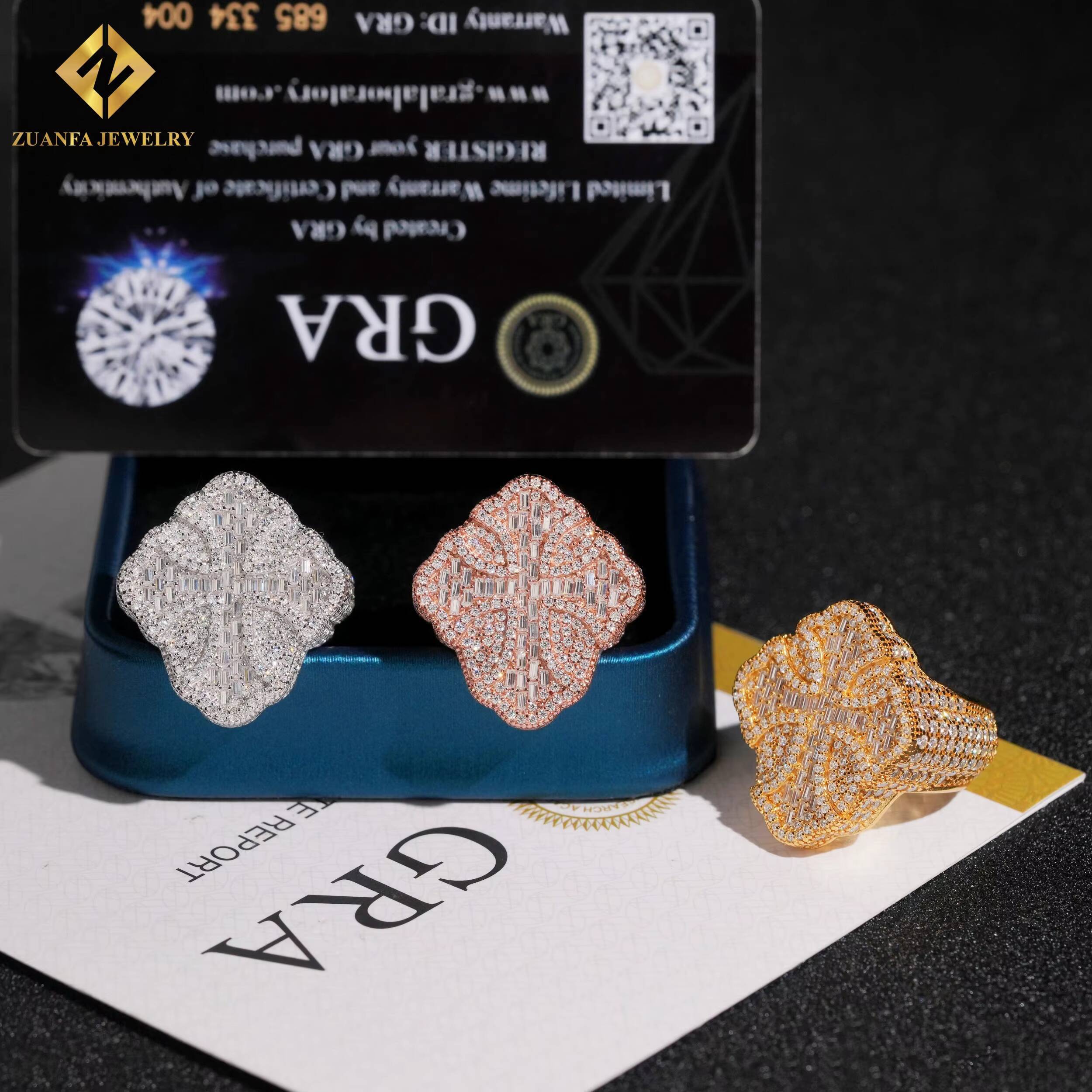 Custom S925 Silver Ring 589ct VVS Moissanite Diamond Engagement Men Cross Ring GRA Certificate