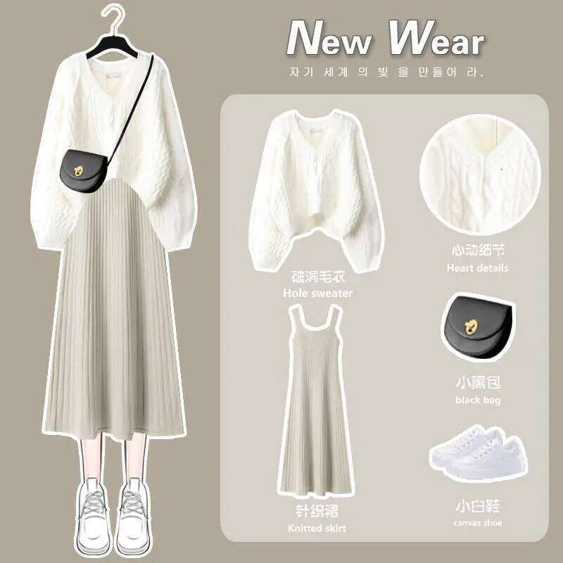 Women's Knitted Skirt Two Piece Set Women Slim Elegant Tops Female Sweater Dress Suits Lady Knitting Outfit