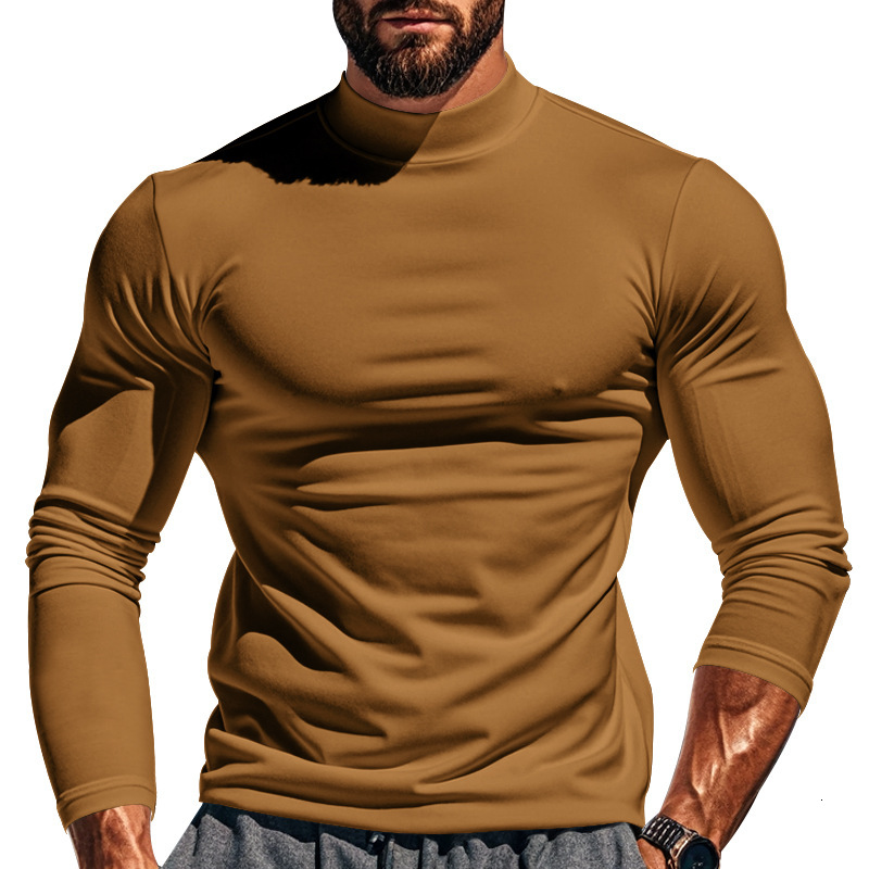 2025 Autumn New Long Sleeve T-shirt Knitted Bottom Shirt Slimming Solid Color Versatile Half High Neck Mens Top