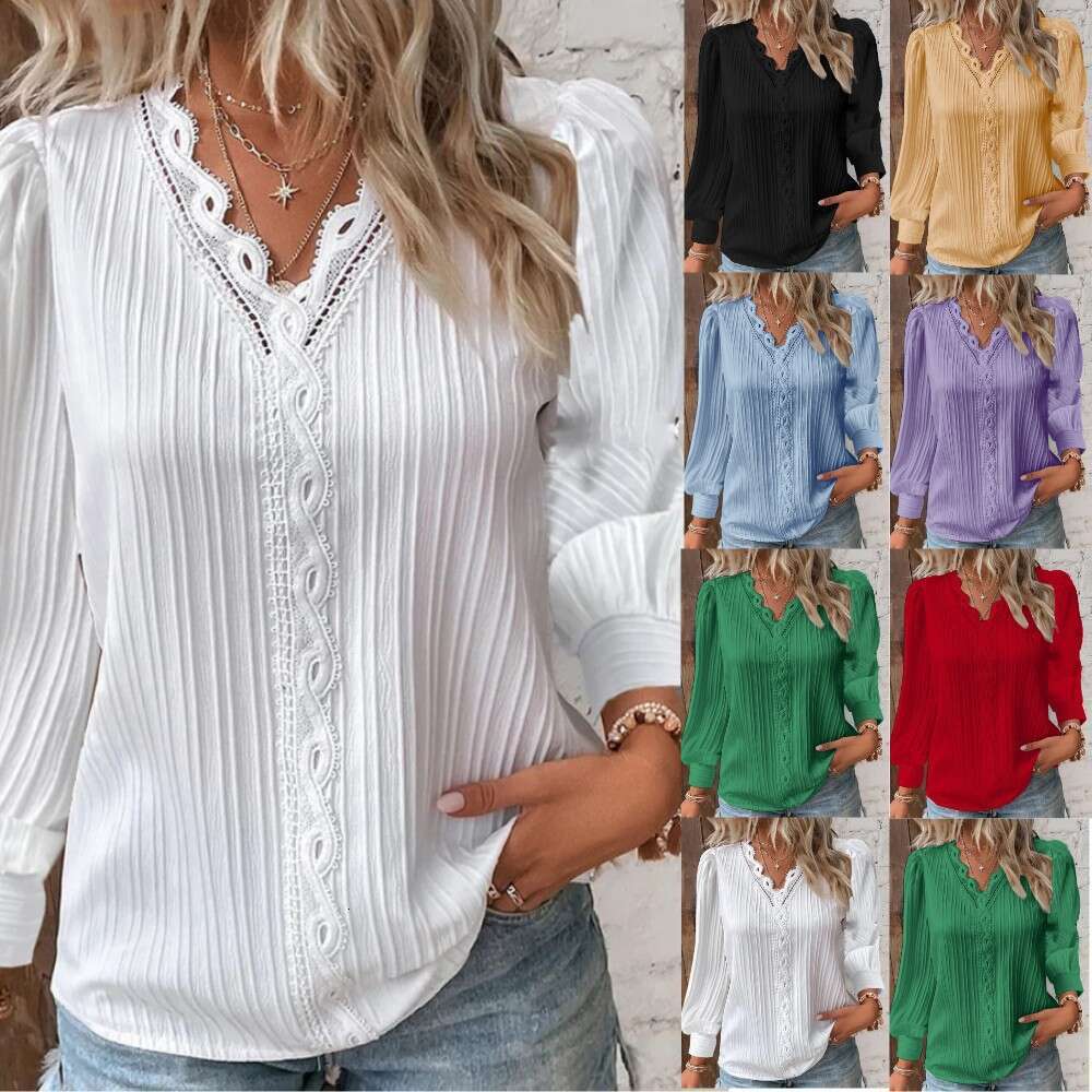 2025 Independent Station Wish Amazon Hot Item Autumn Long Sleeve V-Neck Lace Patchwork Shirt Blouse Women's Clothing