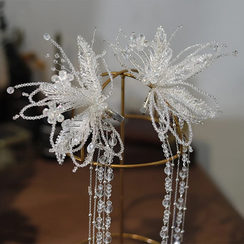 Mori Crystal Beaded Edge Clip Hair Wearing Ears Hanging Bridal Headwear Wedding Hair Jewelry 250409