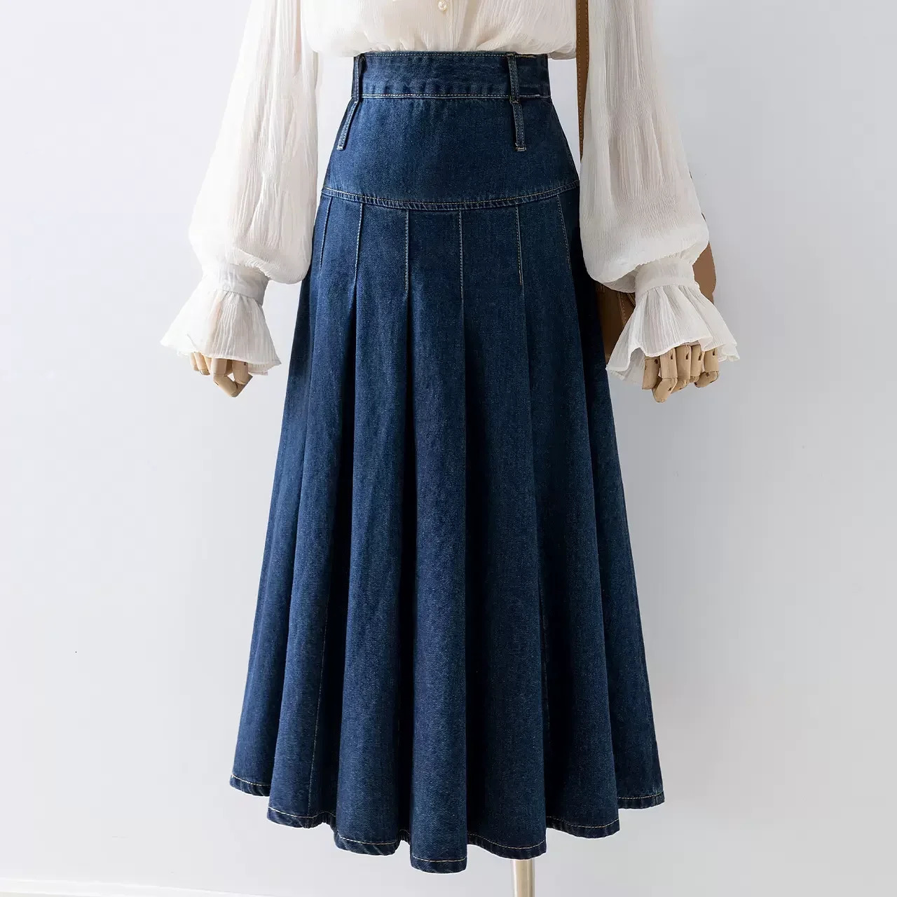 Chic Pleated Jeans Skirts SpringSummer High Waist Long Wash Womens Straight Loose Cowboy Midi 250410