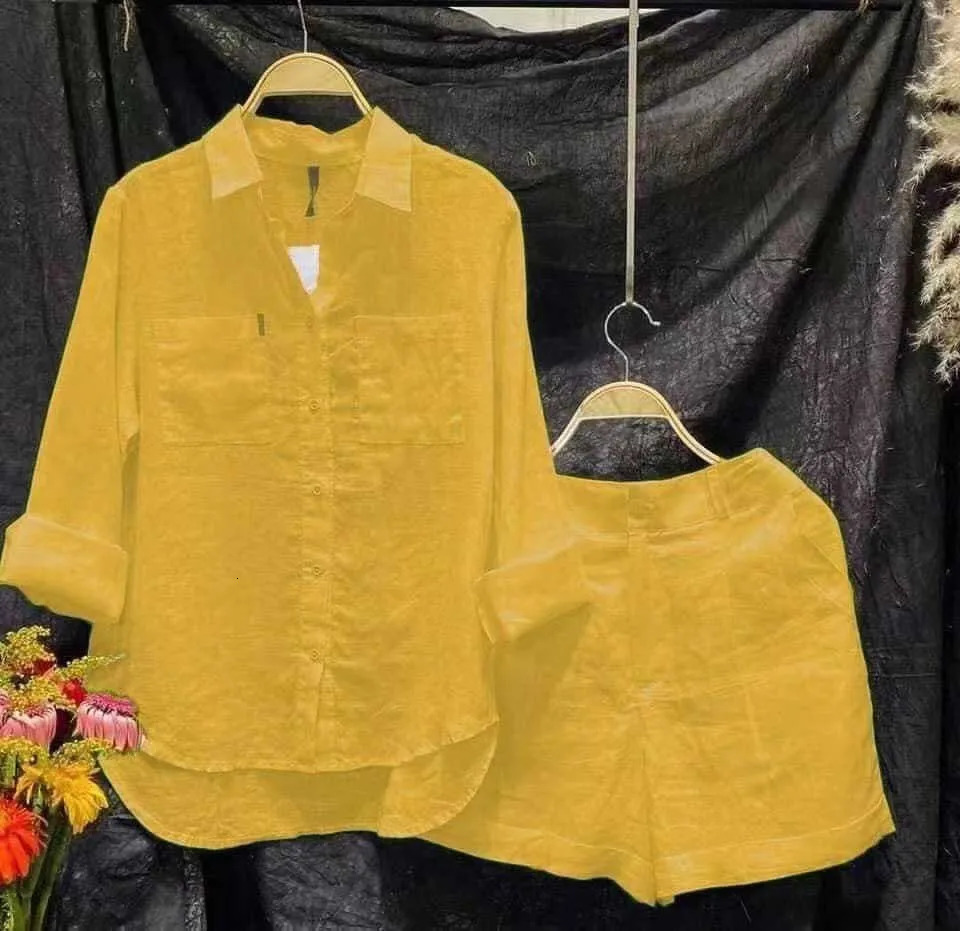 Fashion white long sleeved shirt and shorts two-piece set for womens summer cotton linen casual home two-piece set for women 250409