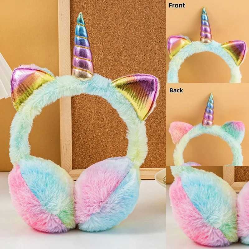 Children Kids Winter Warm Colorful Unicorn Thermal Earmuffs Tie-dye Fur Hat Cat Ears Shape Ski Snow Soft Plush Fluffy Earflap W251110