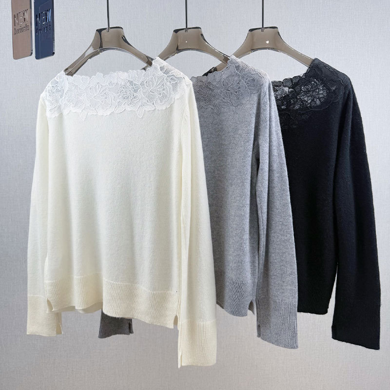 Luxury Designer Women's Cashmere Wool Knit Sweater Fashion Floral Lace Round Neck Long Sleeve Loose Pullover Multiple Colors Fall Winter Clothing