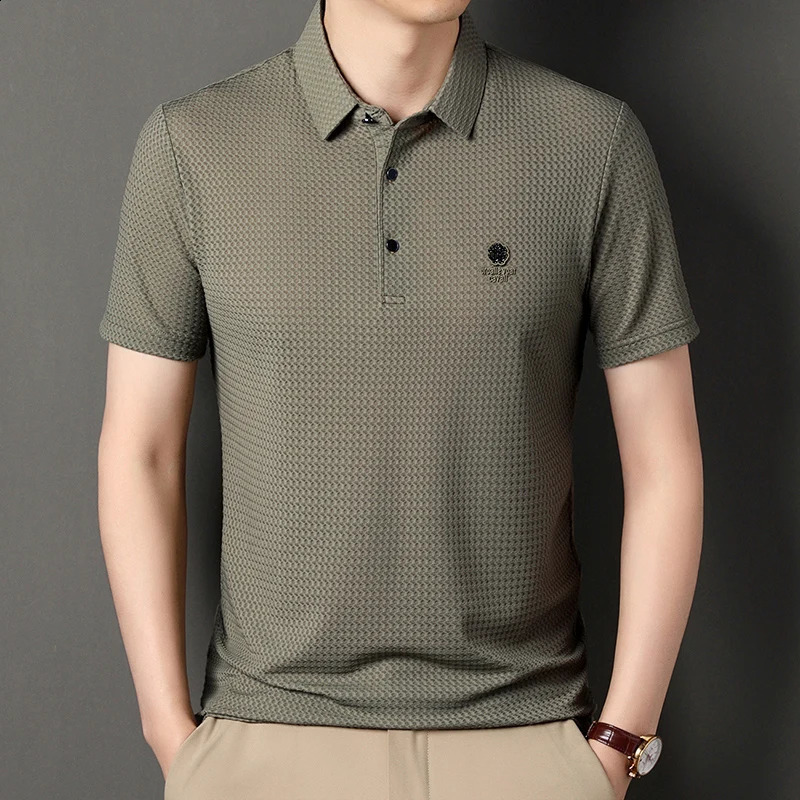 Ice Silk Fashion Embroidery Summer Mens Lop-up Hollow Short-sleeved Polo Shirt Breathable T-Shirt Male Clothes 250407