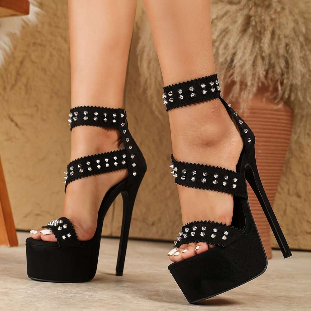 996-201 Black Velvet Lyndon Decorative Zipper Open Toe Quality Thin High Heel Fashion Sandals 35-42