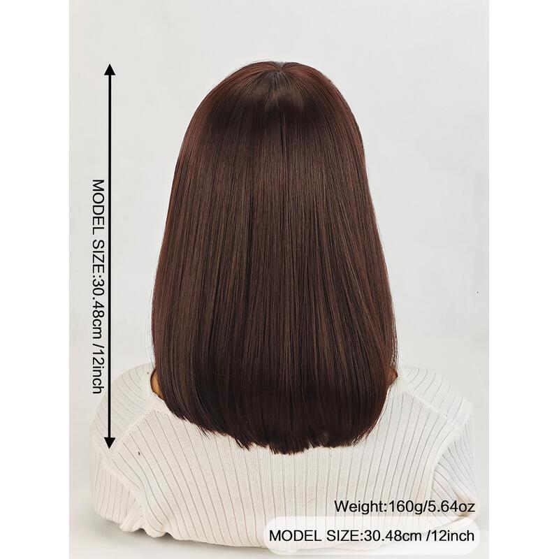 12 Inch Medium Brown Short Bob With Bangs Light Yaki Straight Blunt Cut Glueless Realistic Look Daily Costume Wig For Women Synthetic Heat Resistant H