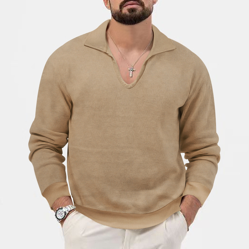 2024 autumn/winter new waffle polo shirt mens lapel loose solid color top long sleeved