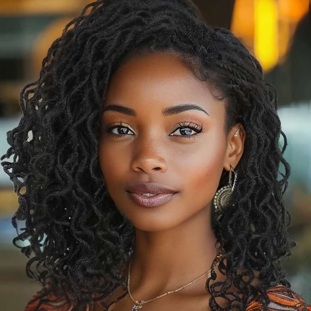 Full Lace Faux Locs Short Afro Curly Dreadlock Wig Glueless Knotless Box Braids Flame Retardant Lightweight + Pre-Plucked Hairline Natural Fluffy For 
