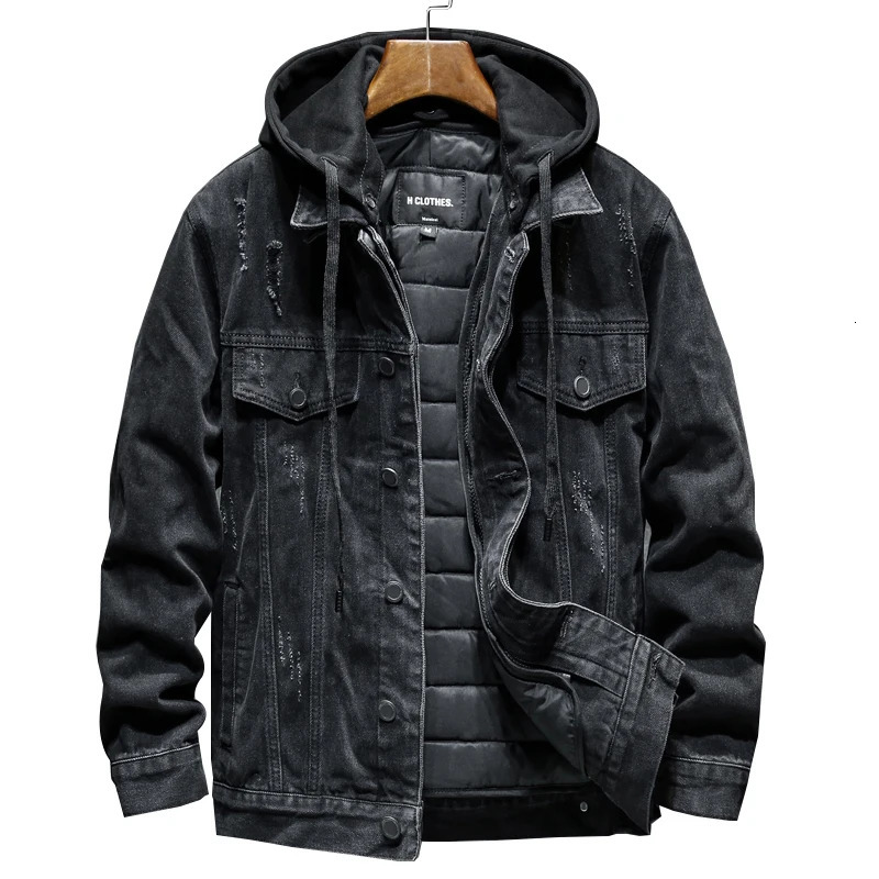 Thick winter black hooded denim jacket with warm mens lining and cotton thick large size 5XL 250401