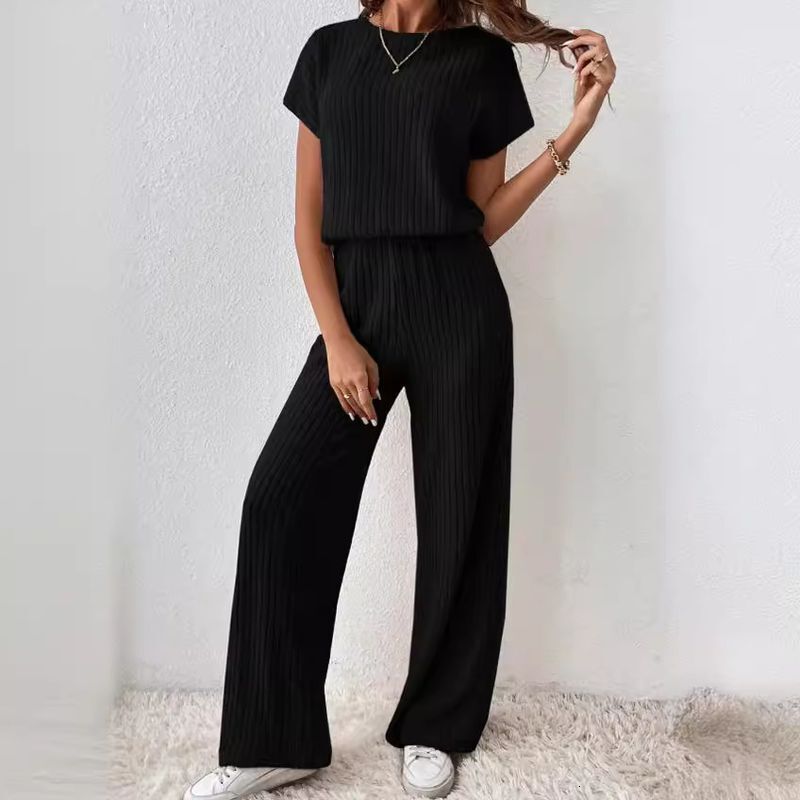 Women's New Solid Color Fine Pit Fashion Shoulder Short-Sleeved Knitted Top Trousers Two-Piece Suit