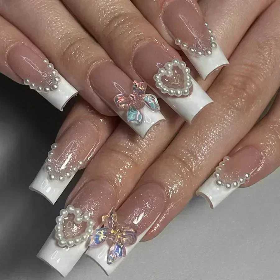 24 pieces of medium length pink leopard fake nails with bow design square shaped nails can be worn with French fake nails complete set of handmade poi