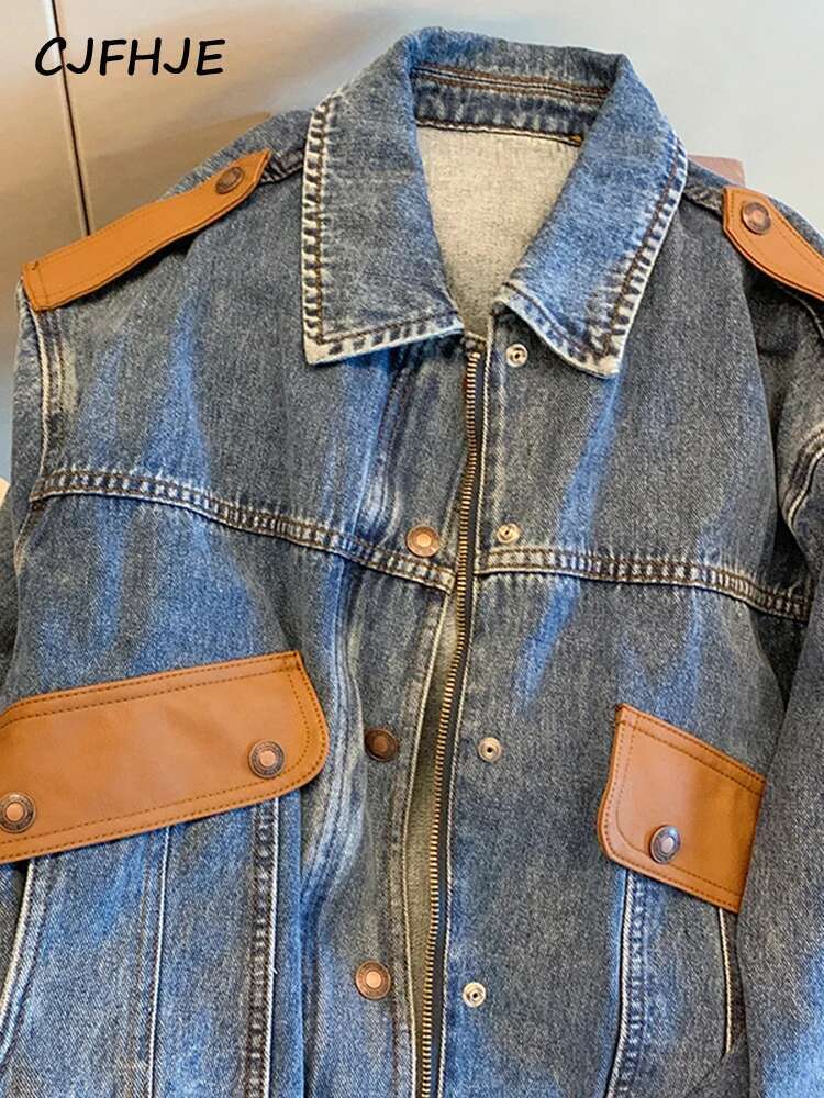Blue Vintage Patchwork Jacket Women Chicly Fashion Korean Loose Female Jackets Haruku Zipper Casual Denim Coats