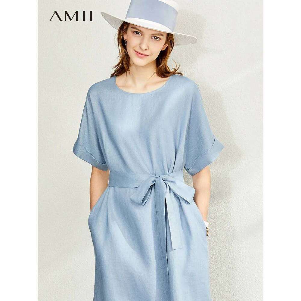 AMII Minimalist Women Dress 2023 Summer New 100% Linen Niche Fashion Artistic Temperament O-Neck Dresses Vestidos 12342278