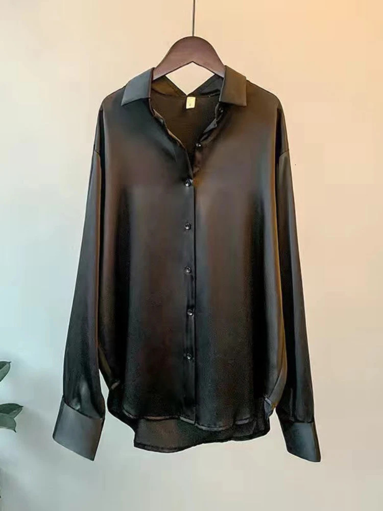 Casual Office Lady Silk Blouses Autumn Long Sleeve Button Up Shirt Women Elegant Winter Tops Office Lady Acetate Blouse 250409
