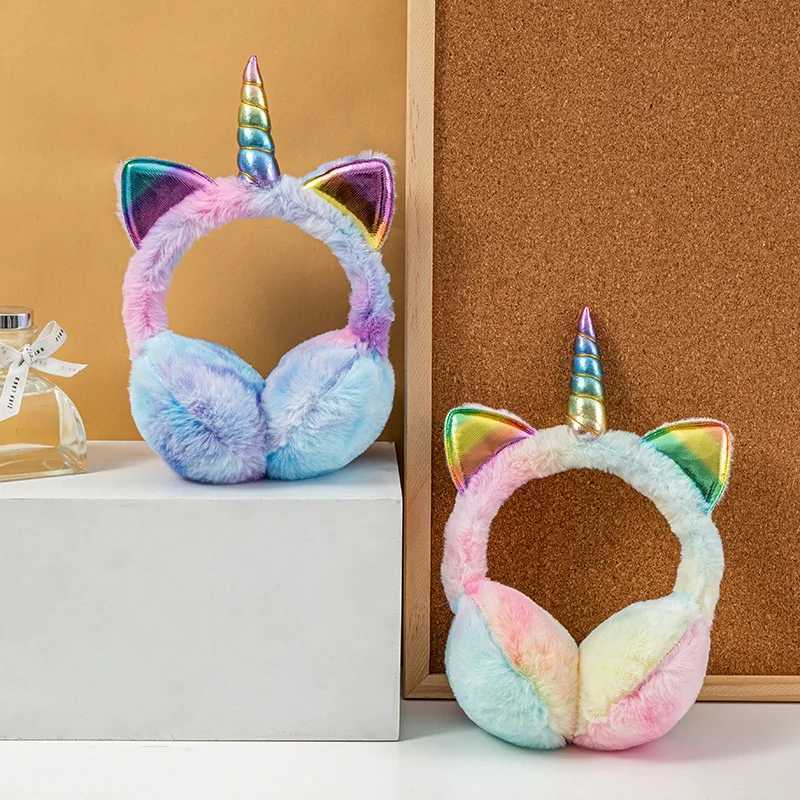 Children Kids Winter Warm Colorful Unicorn Thermal Earmuffs Tie-dye Fur Hat Cat Ears Shape Ski Snow Soft Plush Fluffy Earflap W251110