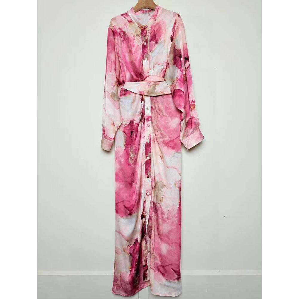 Vintage Geometric Printed Stand Collar Twist Waist Dress 2025 Spring Women's Single Breasted Shirt Loose Straight Skirt