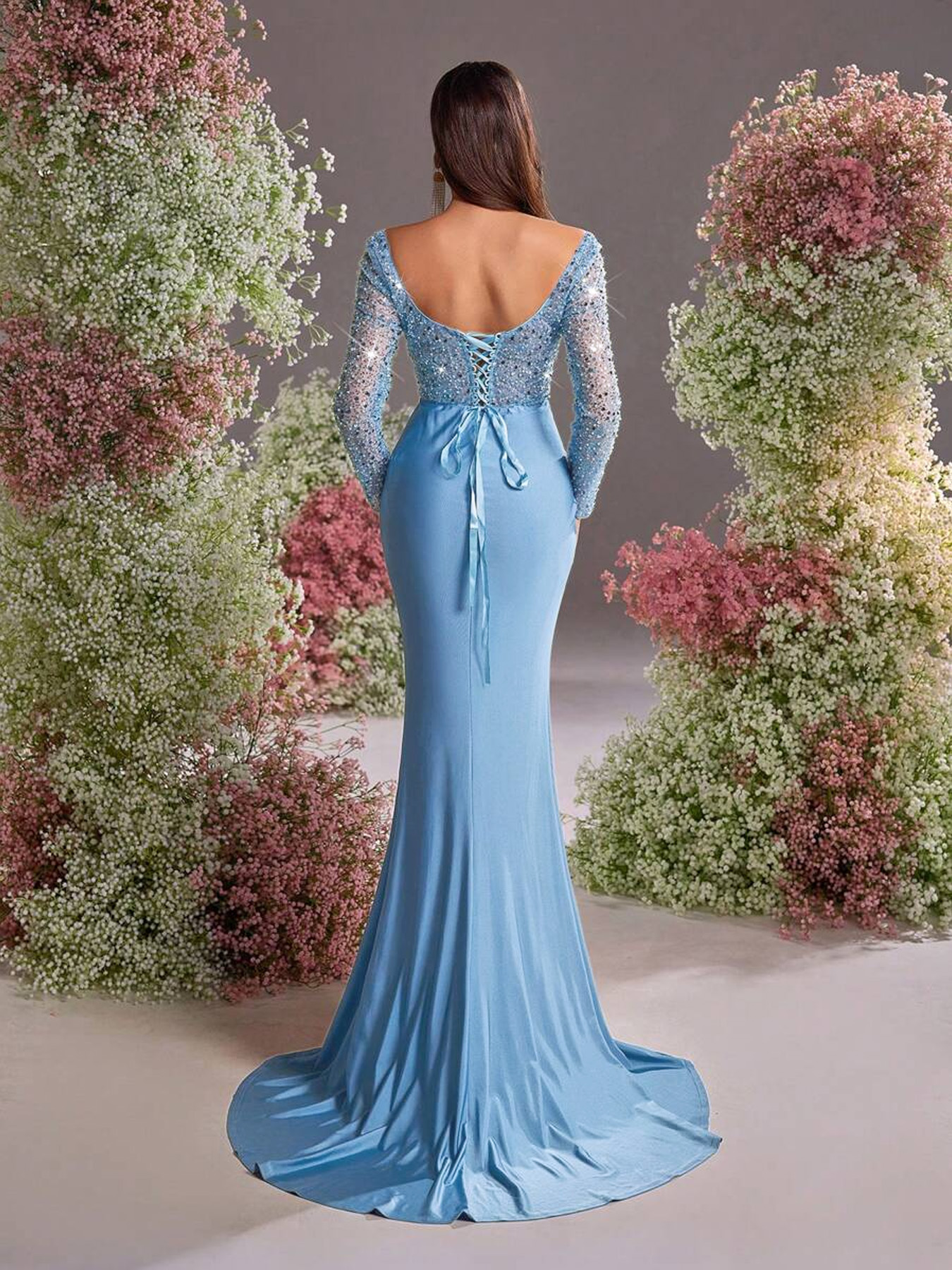 Women's Elegant Glamorous Sequin Mesh Mermaid Evening Gown, Side High Slit Bodycon Maxi Dress---D424