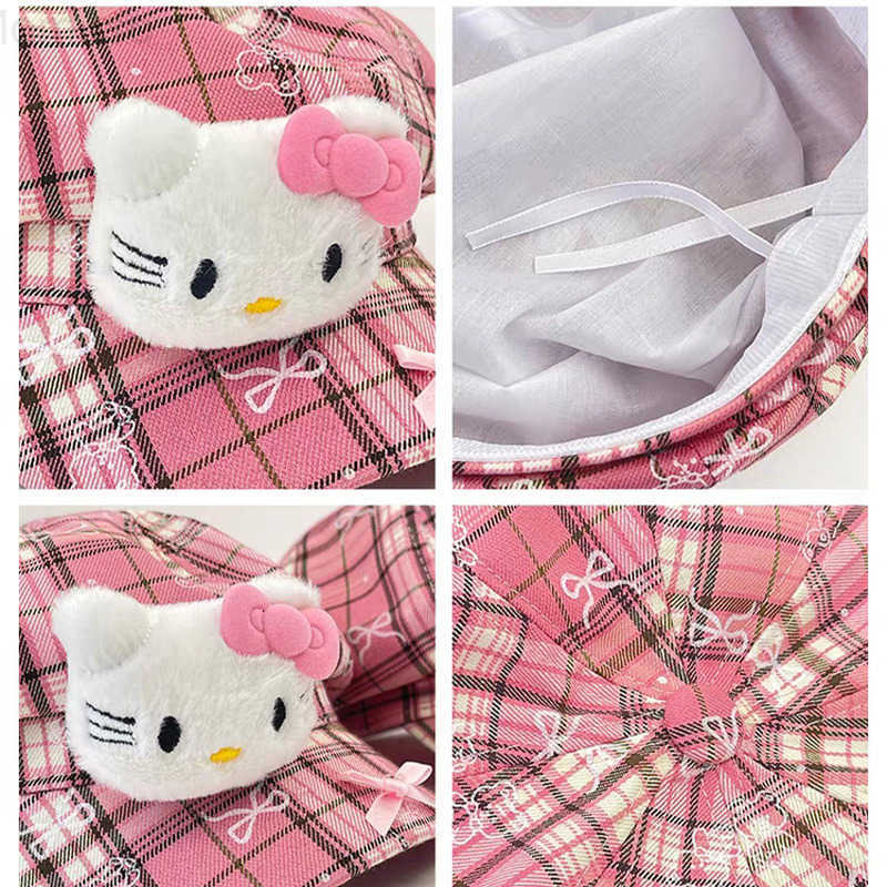 Sanrio Sweet Cute Kitty Cat Bow Plaid Beret Hat for Women Korean Style Niche Face-Slimming Pink Newsboy Hat H251110