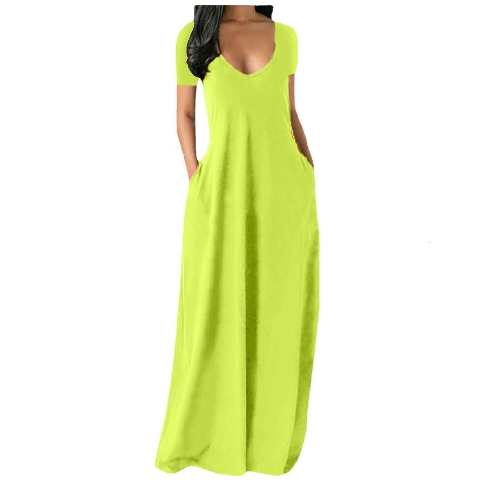 2023 European and American Summer New Amazon Hot Sale Plus Size Women's Solid Color Sexy Deep V Short Sleeve Long Dress with Pockets