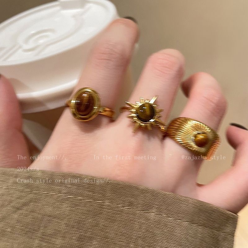 gold Designer Ring Tiger Eye Stone Open Ring for Women, Niche Design, fashion ring Fashionable Retro Index Finger Ring, Light Luxury High-End Vintage 
