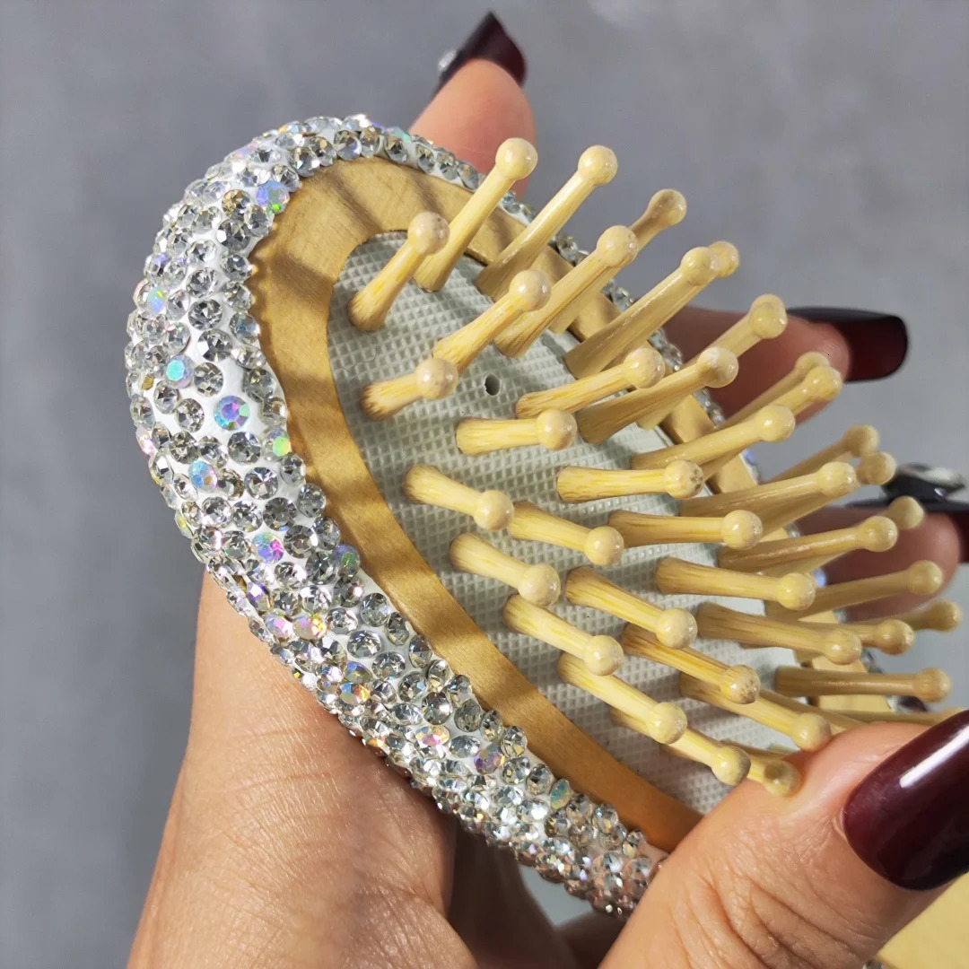 Wooden Air Cushion Comb Smooth Hair Comb with Artificial Diamond Embellishments Compact and Portable Massage Comb 251107