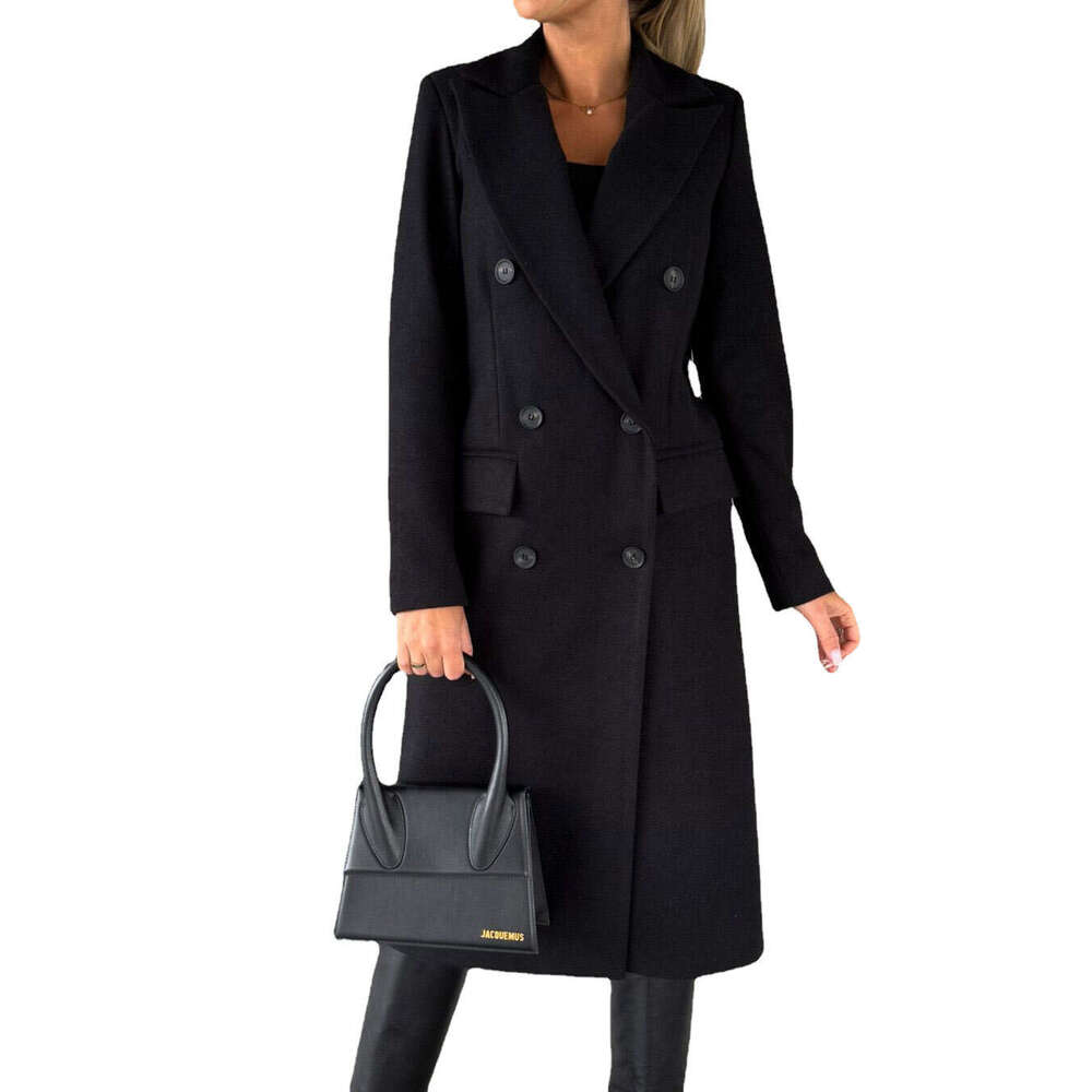 Women's Spring 2025 New Amazon Cross-Border Versatile Wool Coat Solid Color Long Sleeve Double-Breasted with Pockets