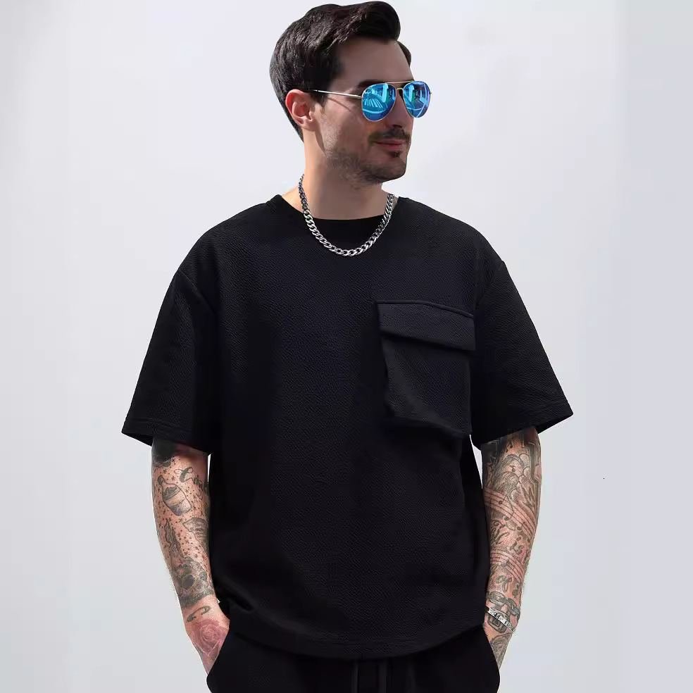2025 new mens patch pocket wrinkled fabric round neck casual loose 5-point sleeve top