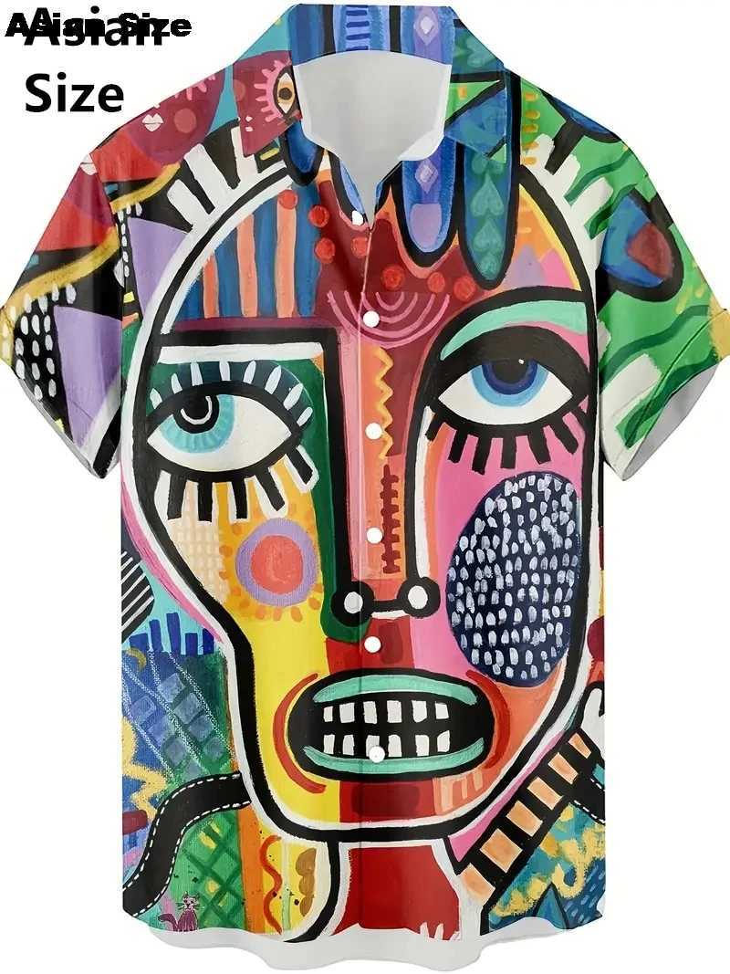 2025 New Abstract Hawaiian Shirt Mid Century Modern Color Geometric Files Night Printing Hawaiian Short sleeved Casual Shirt X250410