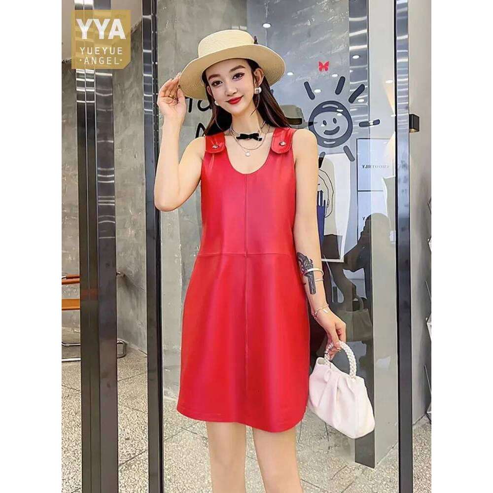 Women Genuine Leather Fashion Solid Color Loose Tank Straps Dresses Casual Sweet Lady Sleeveless Sheepskin A-Line Dress