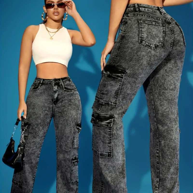 Womens Cargo Jeans High Stretch Multi Pocket Techwear Utility Washed Denim Vintage Streetwear Baggy Casual Pants Autumn Spring C251110