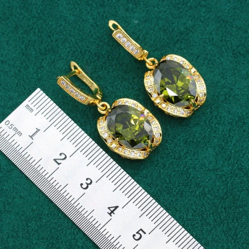 Geometric Wedding Gold Color Jewelry Set for Women Olive Green Zircon Bracelet Earrings Necklace Pendant Ring Gift 250409