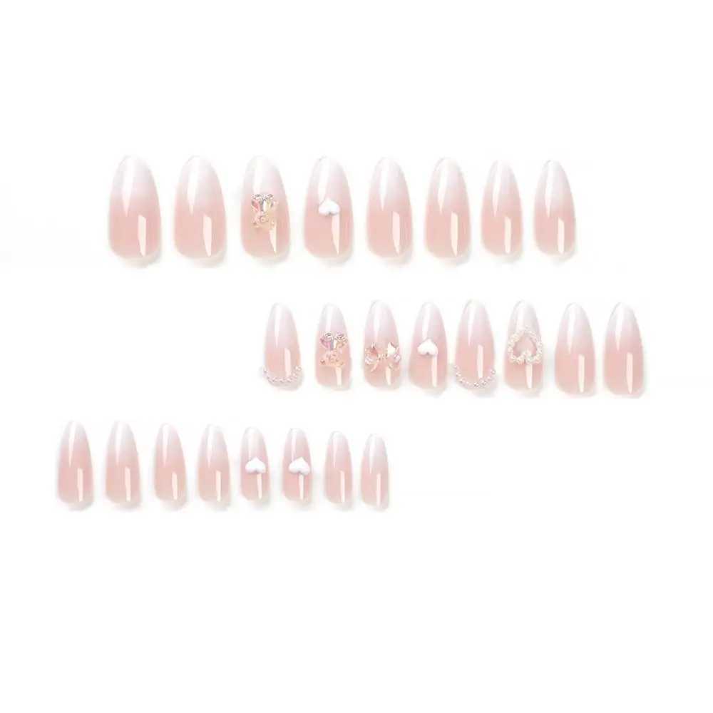 24 pieces of long almond fake nails French pearl love heart bow press fake nails DIY hand carved removable nail tips W250410