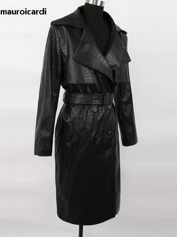 Mauroicardi Spring Long Matte Black Print Pu Leather Trench Coat for Women with Belt Loose Casual Korean Fashion 251105