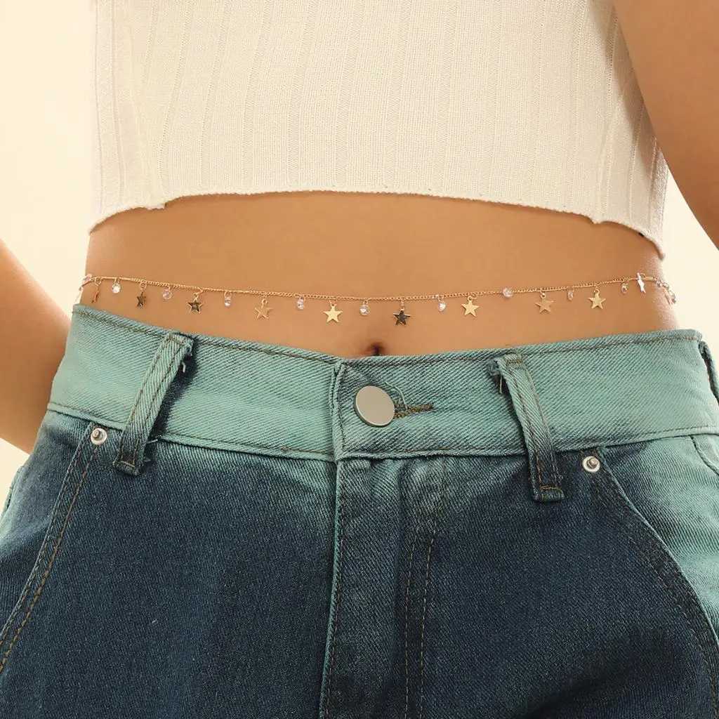 Dynamic exquisite and fashionable laser plated body chain with numbered star shaped patches and sparkling gemstone body chain X250410