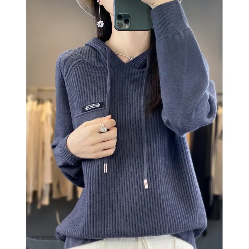 Loose Fit Hooded Long Sleeve Knitted Sweatshirt Womens Korean Style Solid Color Simple Fashionable Sweater Trendy Autumn Sa 251106