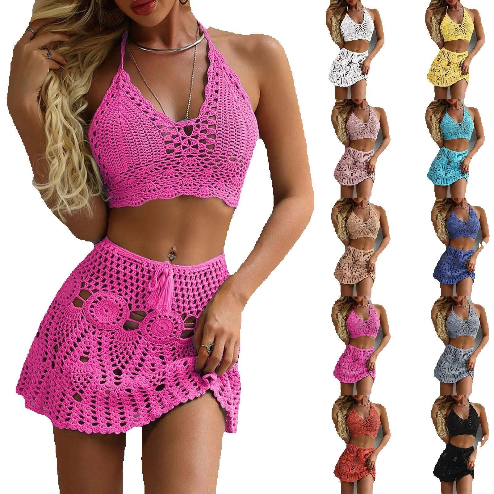 Women's hollow crochet two-piece summer beachwear retro camisole swimsuit color bikini set