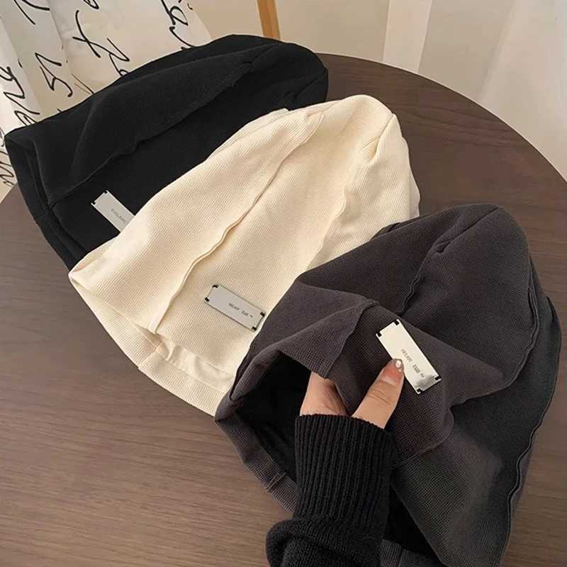 Spring Autumn Women Pullover Cap Fashion Metal Label Baggy Slouchy Beanie Solid Color Skullcap Korean Girl Windproof Warm BonnetXJ251110