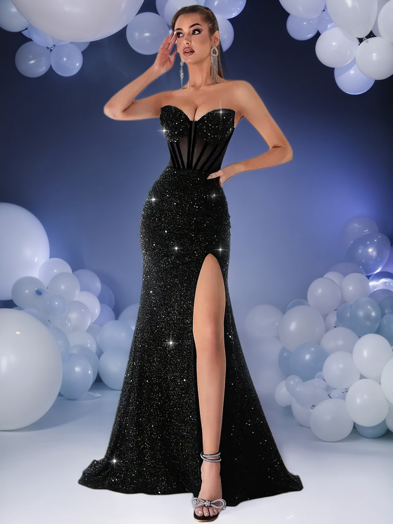 Women's Elegant Sexy Sequin Mermaid Evening Gown, Side High Slit Bodycon Maxi Dress---D398