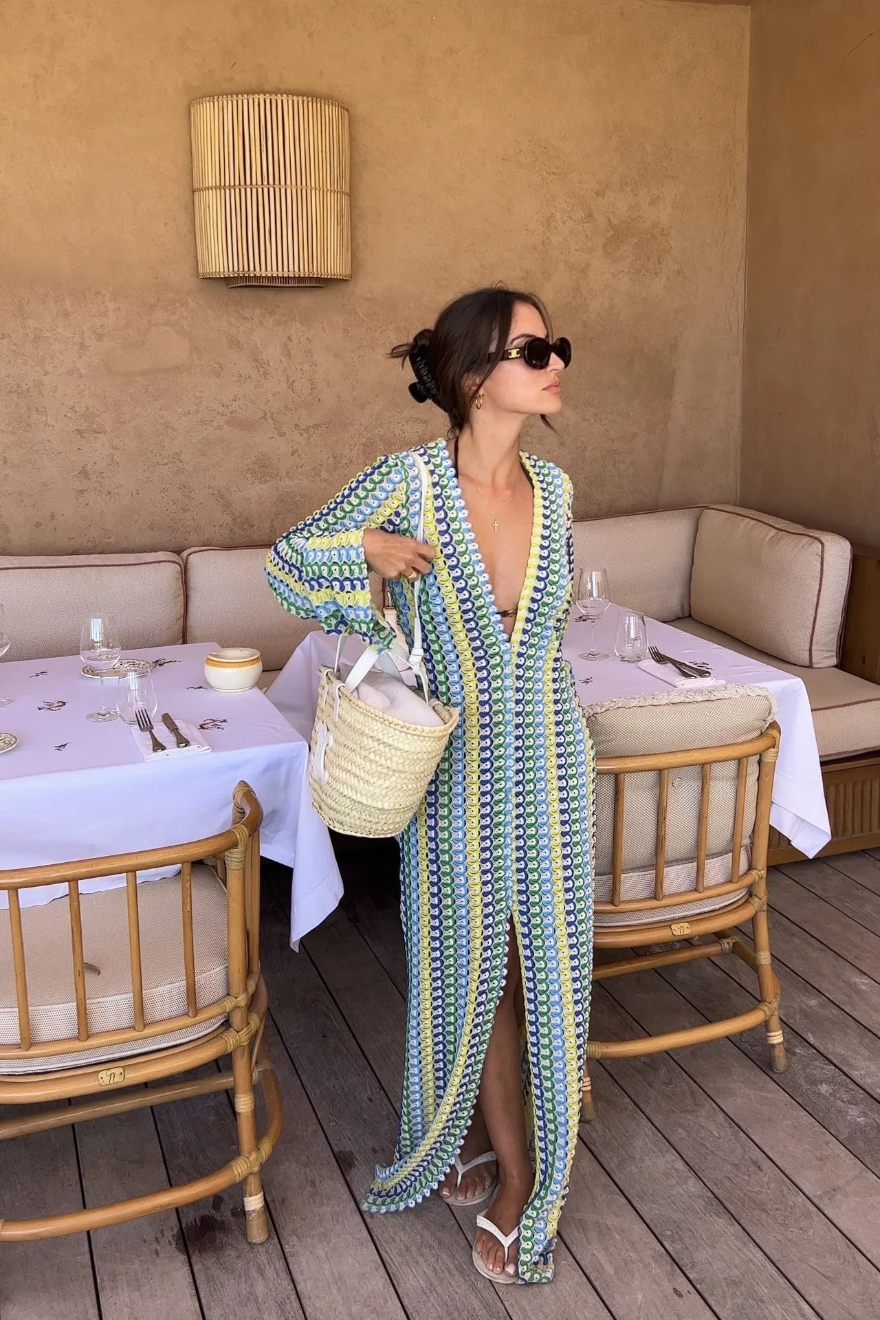 Crochet colorful striped Maxi dress womens flame sleeve V-neck high score style sexy long dress autumn beach banquet vest 250409