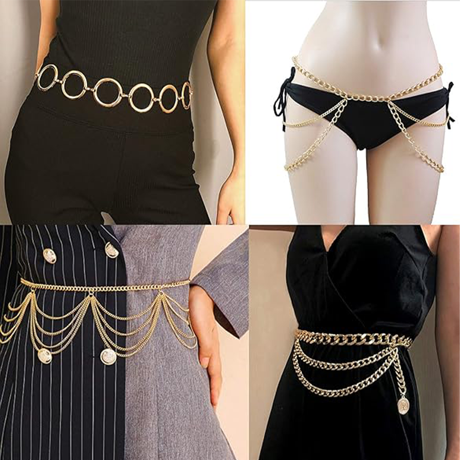 6Pcs Boho Multilayer Coins Waist Chain Butterfly Sunflower Disc Golden Belt Tassel Chest Sexy Body Belly Chain O Ring Adjustable Body Harness