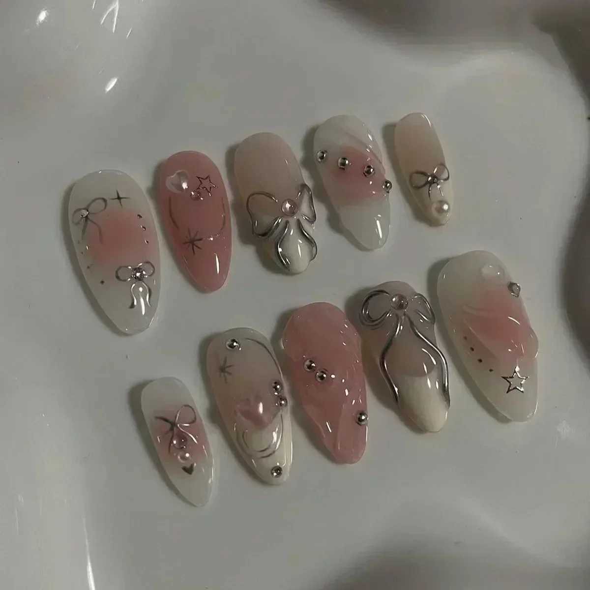 24 pieces of black almond press with nail bows fake nails wearable sticks and fake nails W250410