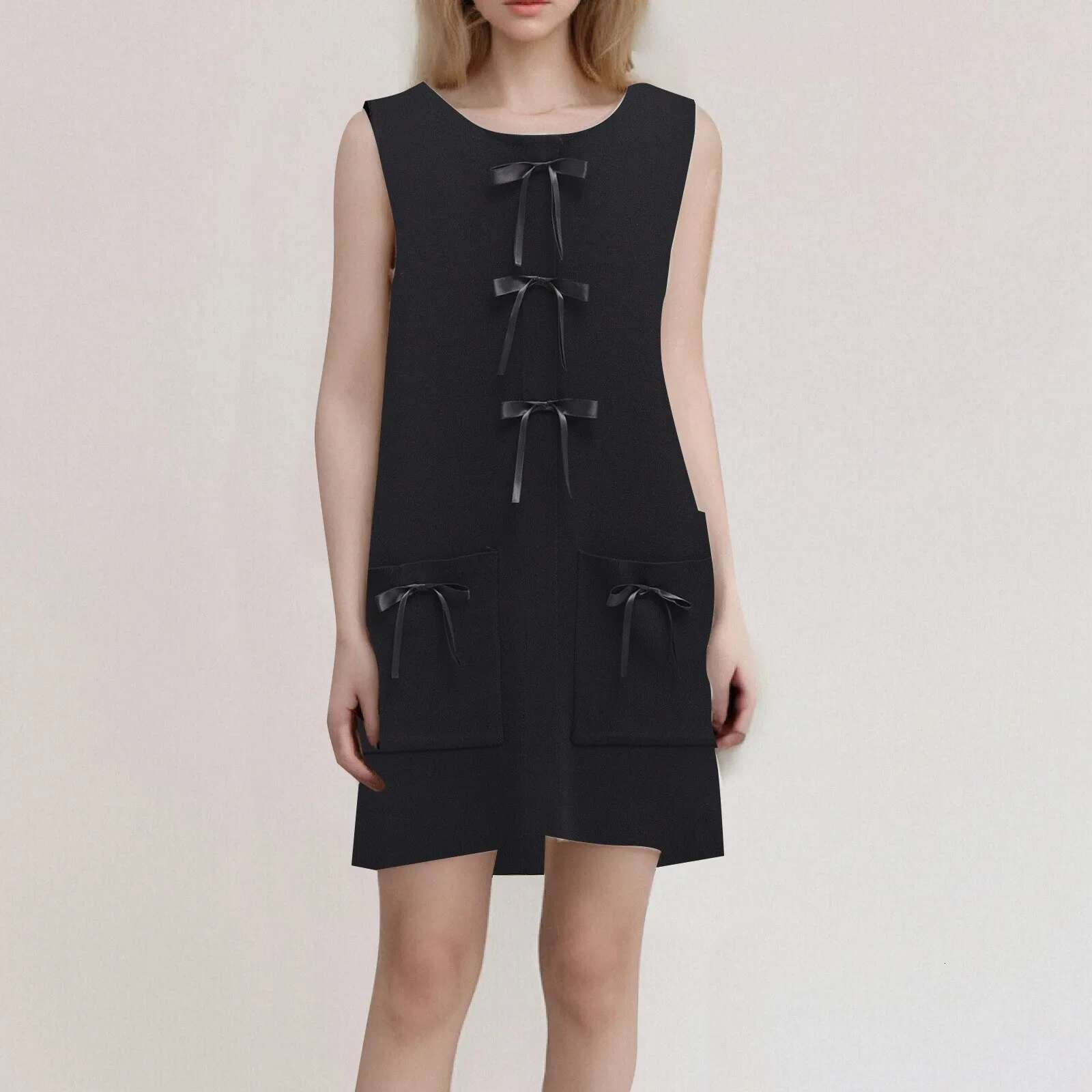 Dongdumaoyi Solid Bow Sleeveless Women Dresses O Neck A E Lady Dress Summer Elegant Beach Loose Holiday Knitted Female Vestidos