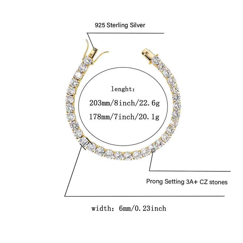 Hot Style 4mm 6 mm Wide 925 Silver Hip-hop Single Row Tennis Chain Zircon Mens Women Bracelet Tennis Bracelet