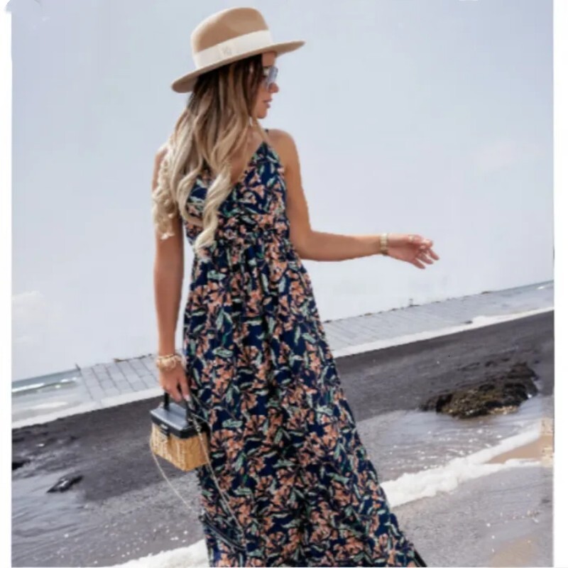 Fashionable new hot selling women's high waisted printed suspender dress with large swing