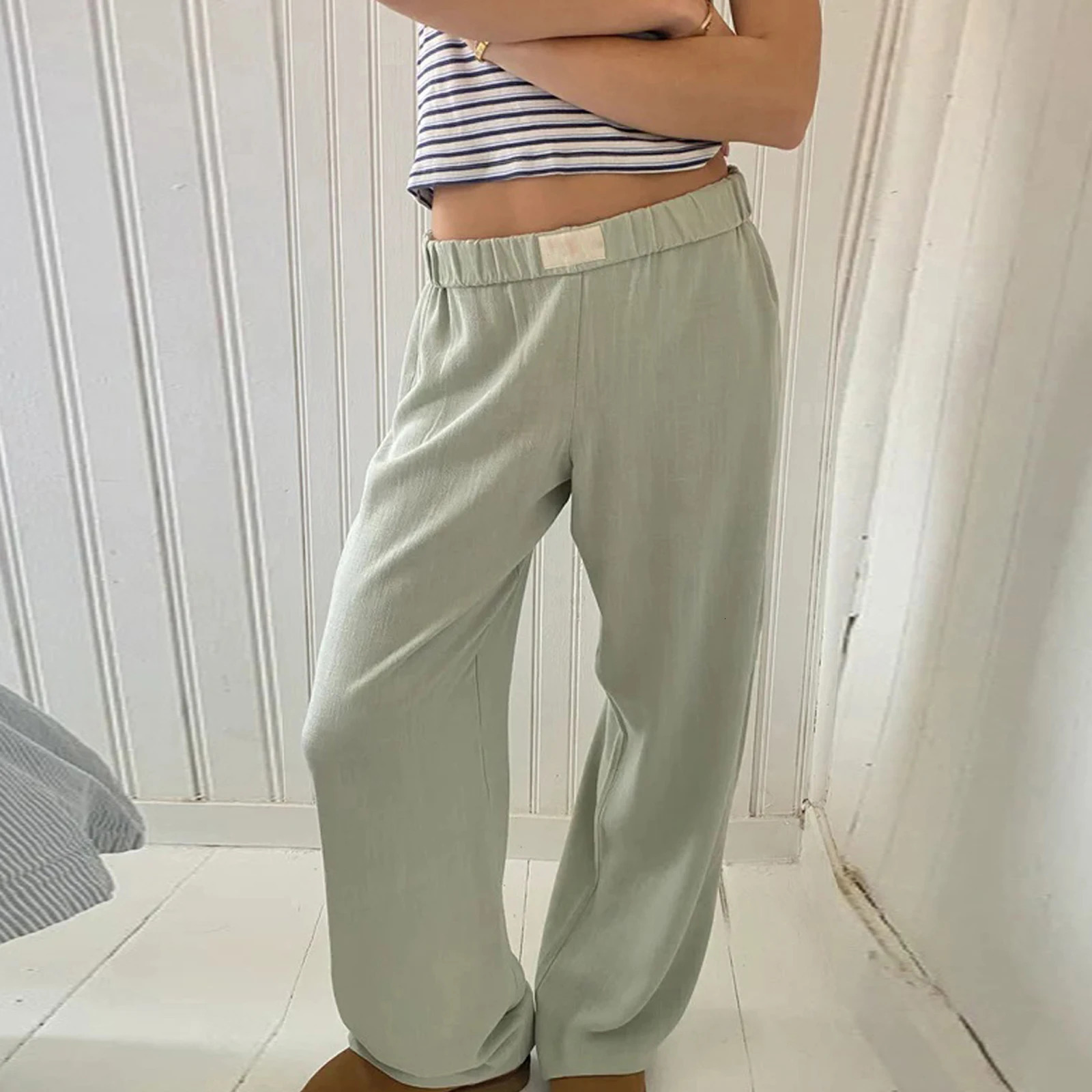 Combhasaki Womens Y2K Vintage Retro Casual Long Pants Elastic Wide Band Waist Solid Loose Trousers Loungewear Pants Streetwear 250409